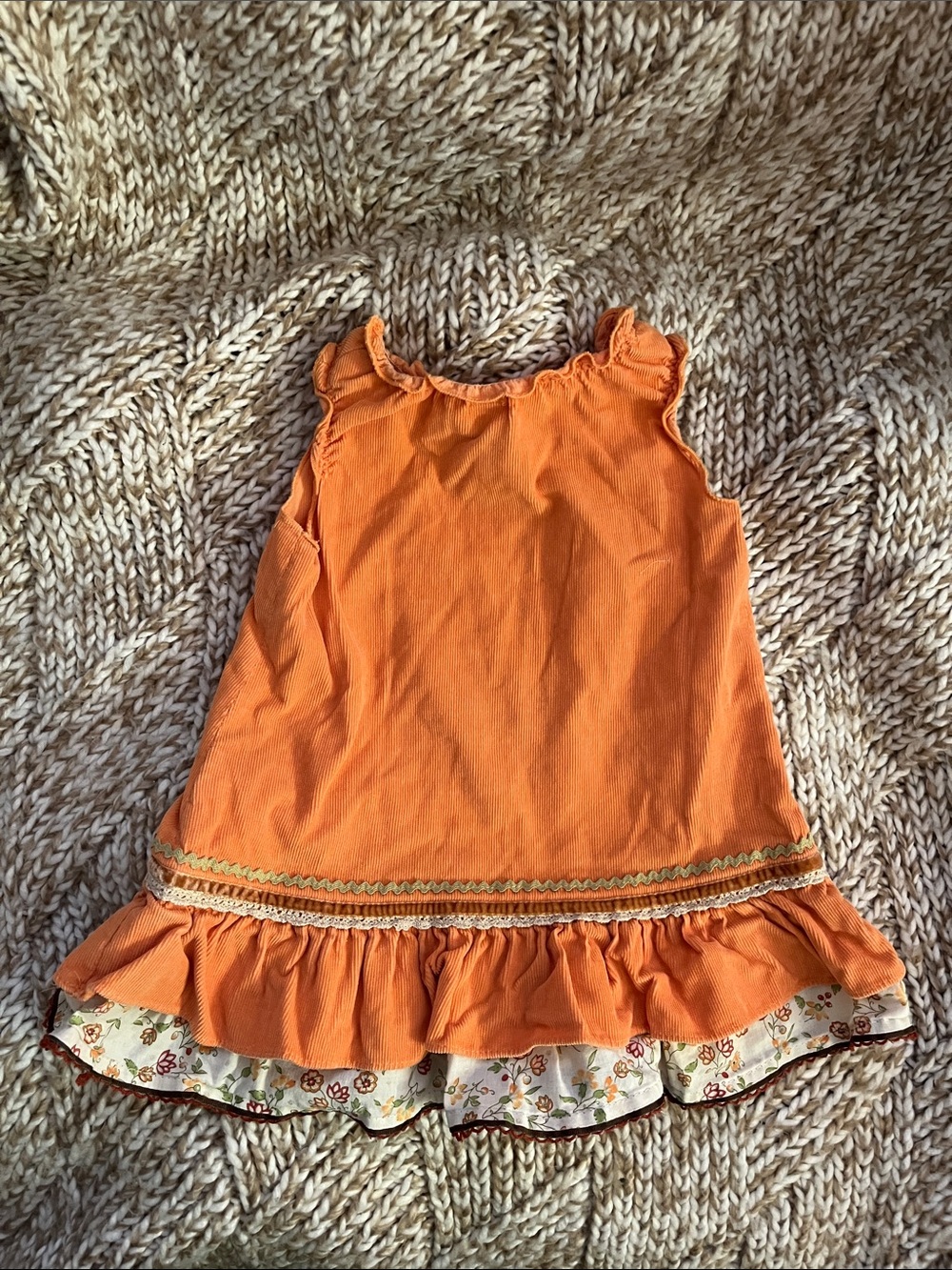 Toddler Orange Ruffle-Hem Casual Dress with Floral Trim